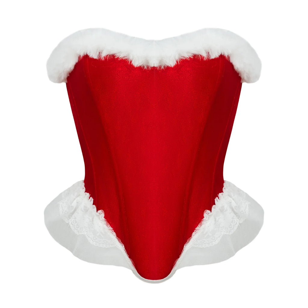 Women’s Sexy Christmas Lingerie, Santa Girl Bodysuit with Fringe Trim, Push-up Shapewear for Full Bust & Side Smoothing