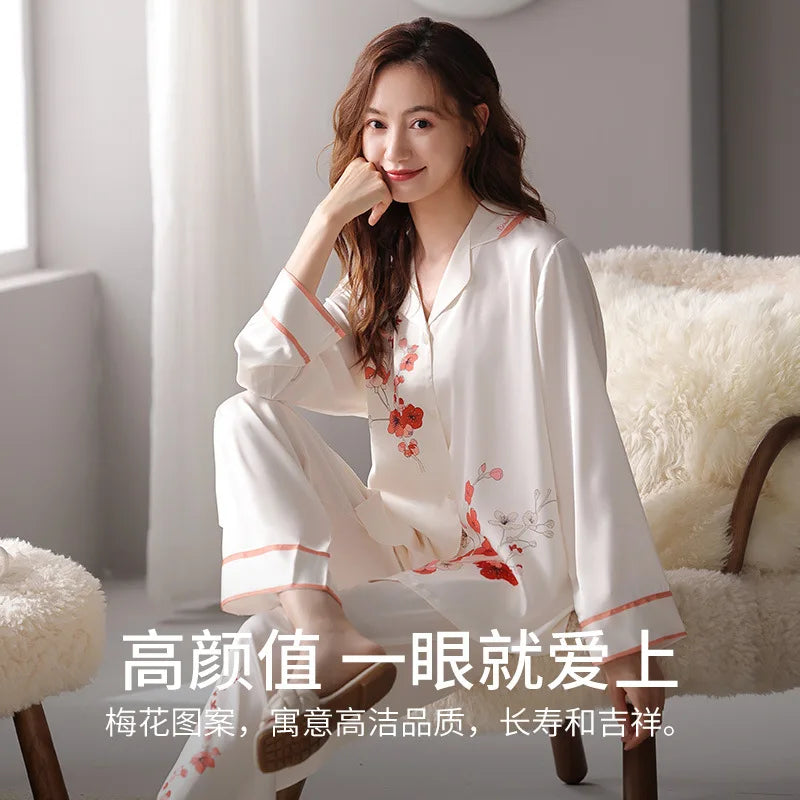 Mother's Day gifts for spring and summer high-quality pajamas, plum blossom white ice silk pajamas, women's summer home wear