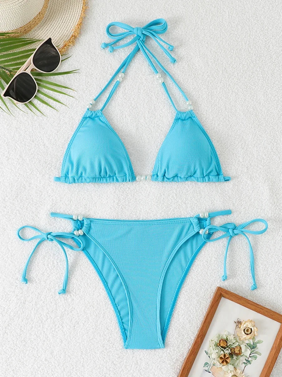 2026 String Triangle Printed Bikini Women Sexy Swimwear Female Halter Swimsuit Solid Bathers Bathing Swimming Swim Suit Beach