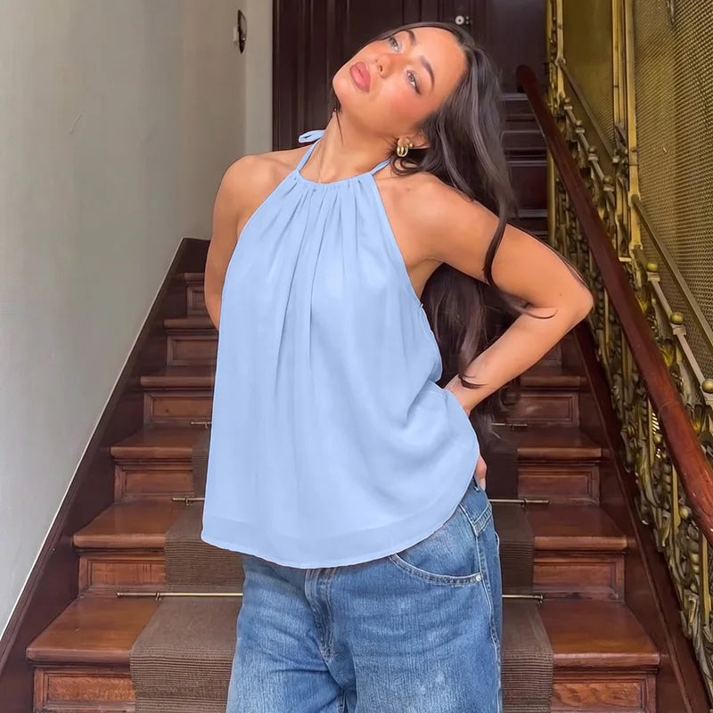 FDYOUI Women's Halter Off Shoulder Camisoles 2026 Summer Sexy Lace-up Backless Pink Tank Top Girls Loose Solid Tops Streetwear