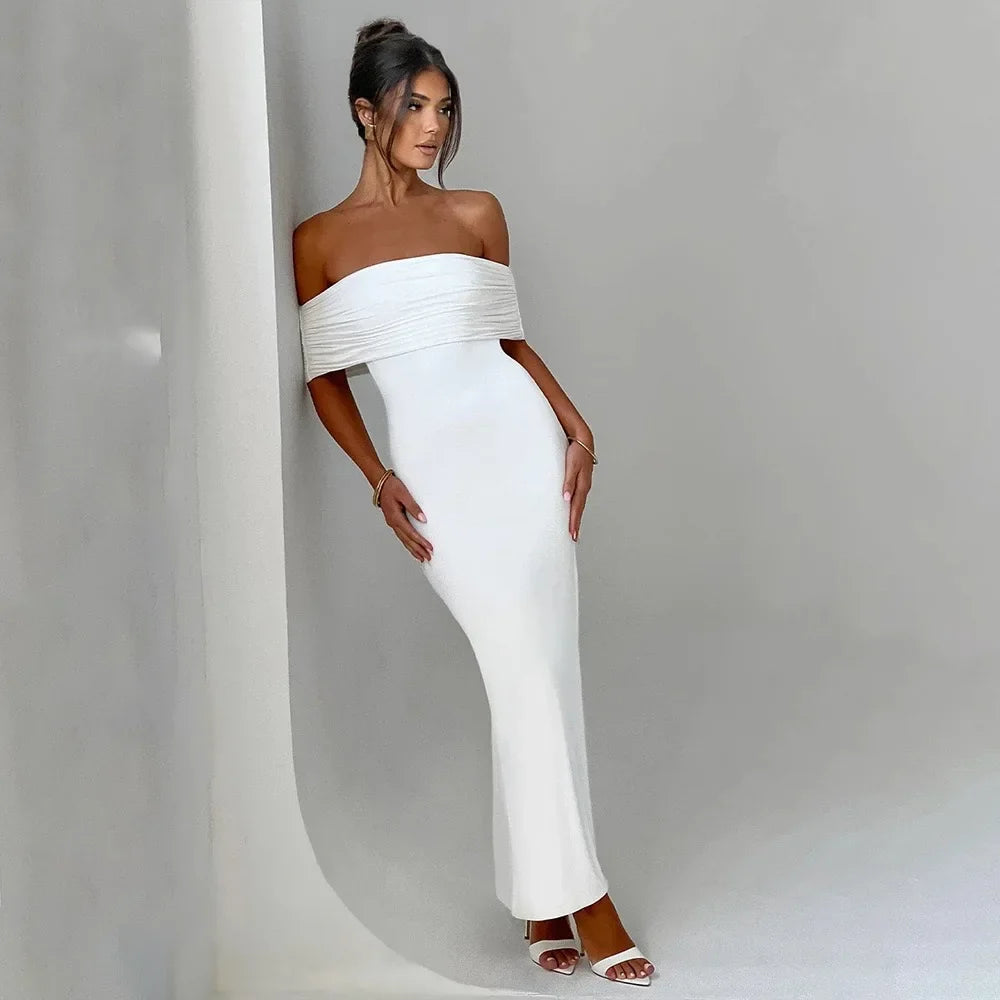 Temperament Slim Strapless Long Dress Women Solid Color Sexy Off-shoulder Backless Package Hip Sleeveless Club Party Dresses