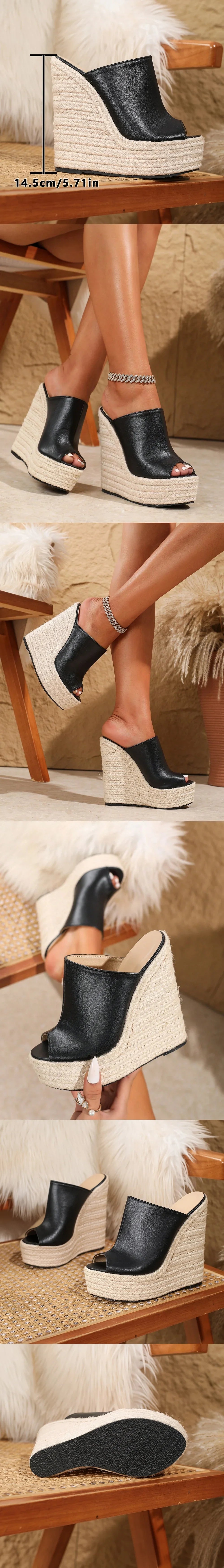 Big Size Sexy Peep Toe Black Summer Espadrilles Wedges Sandals Women Classic Super High Heels Platform Sandals Dress Shoes Mules