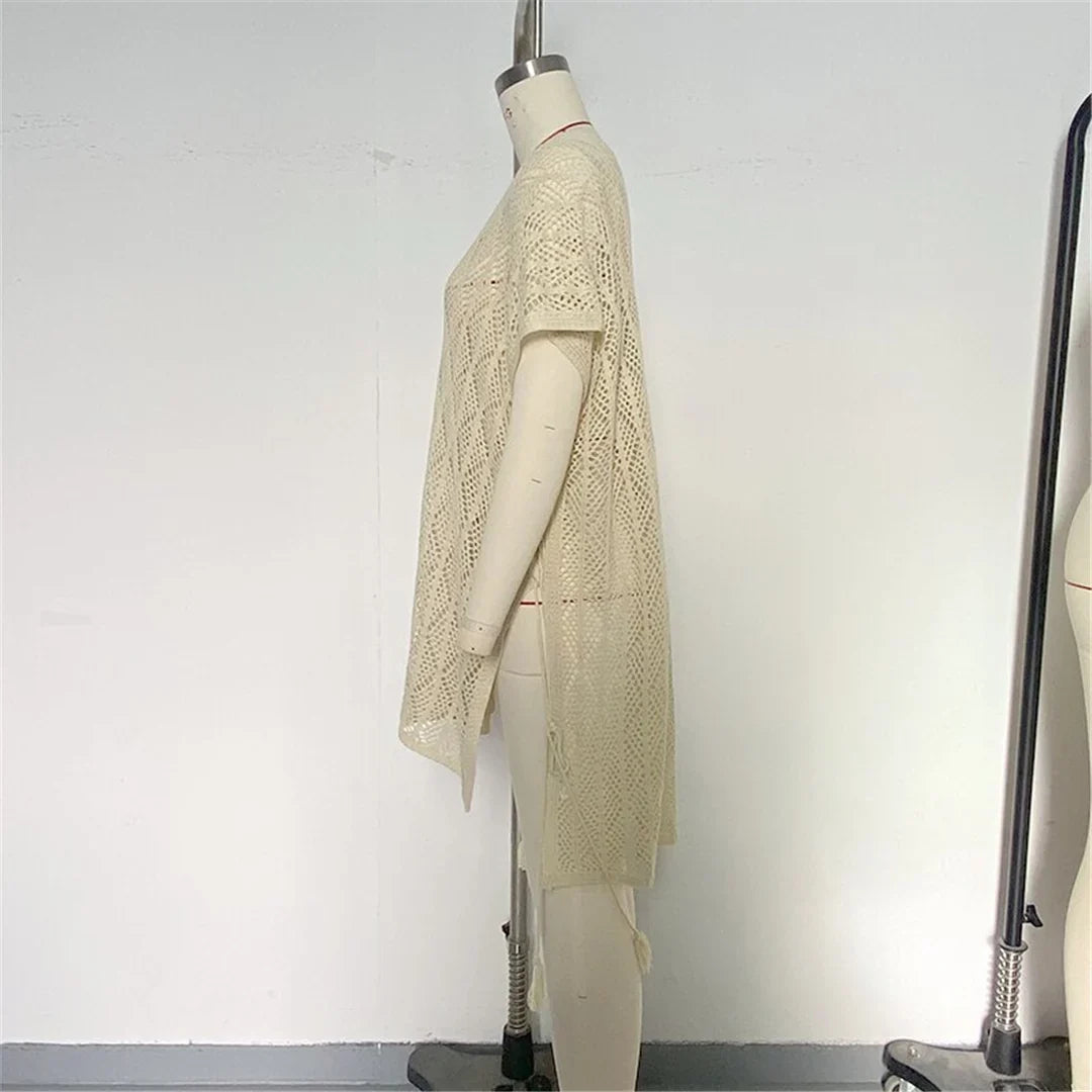 Sexy Short Sleeve Hollow Out Crochet Knitted Tunic Beach Cover Up Cover-ups Beach Dress Beach Wear Beachwear Female Women K6686