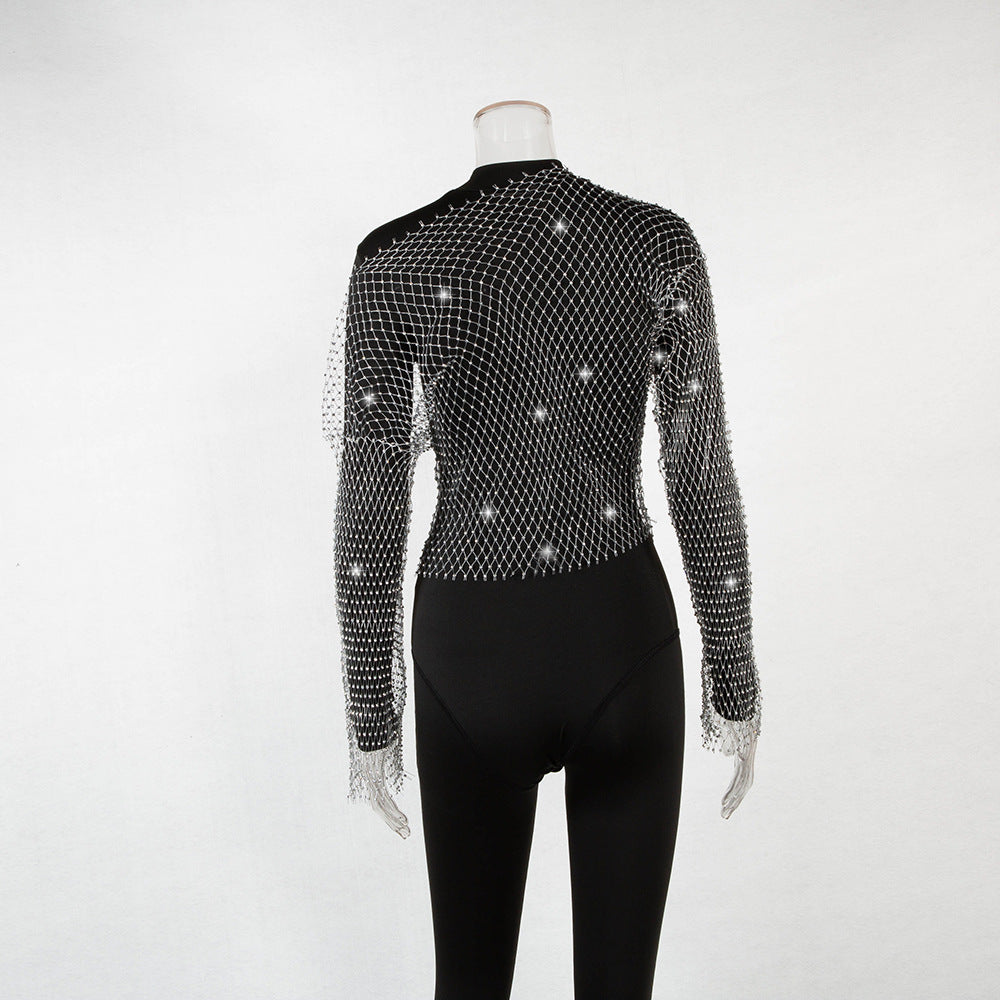 Women Rhinestone Fishnet T-shirt Solid Color Long Sleeve Crop Tops See Through Hollow Out Sexy Shirts Female Smock Tops