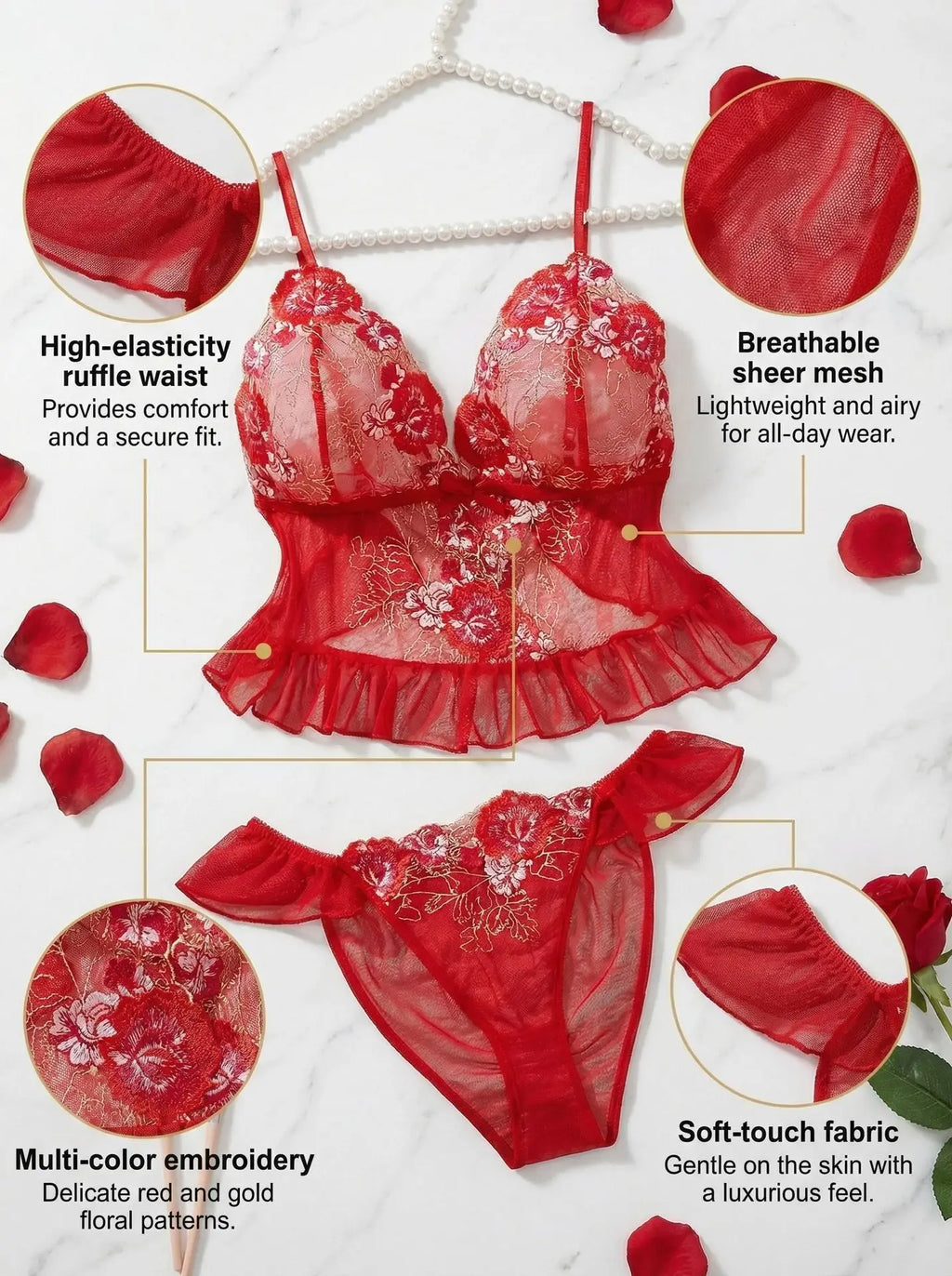 Floral Embroidery Lace Lingerie Set Sexy Women Sheer Mesh Ruffle Trim Cami Top And Panty 2 Piece Sleepwear