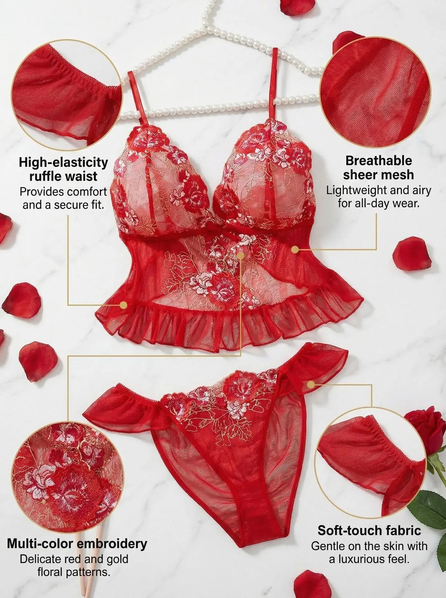 Floral Embroidery Lace Lingerie Set Sexy Women Sheer Mesh Ruffle Trim Cami Top And Panty 2 Piece Sleepwear