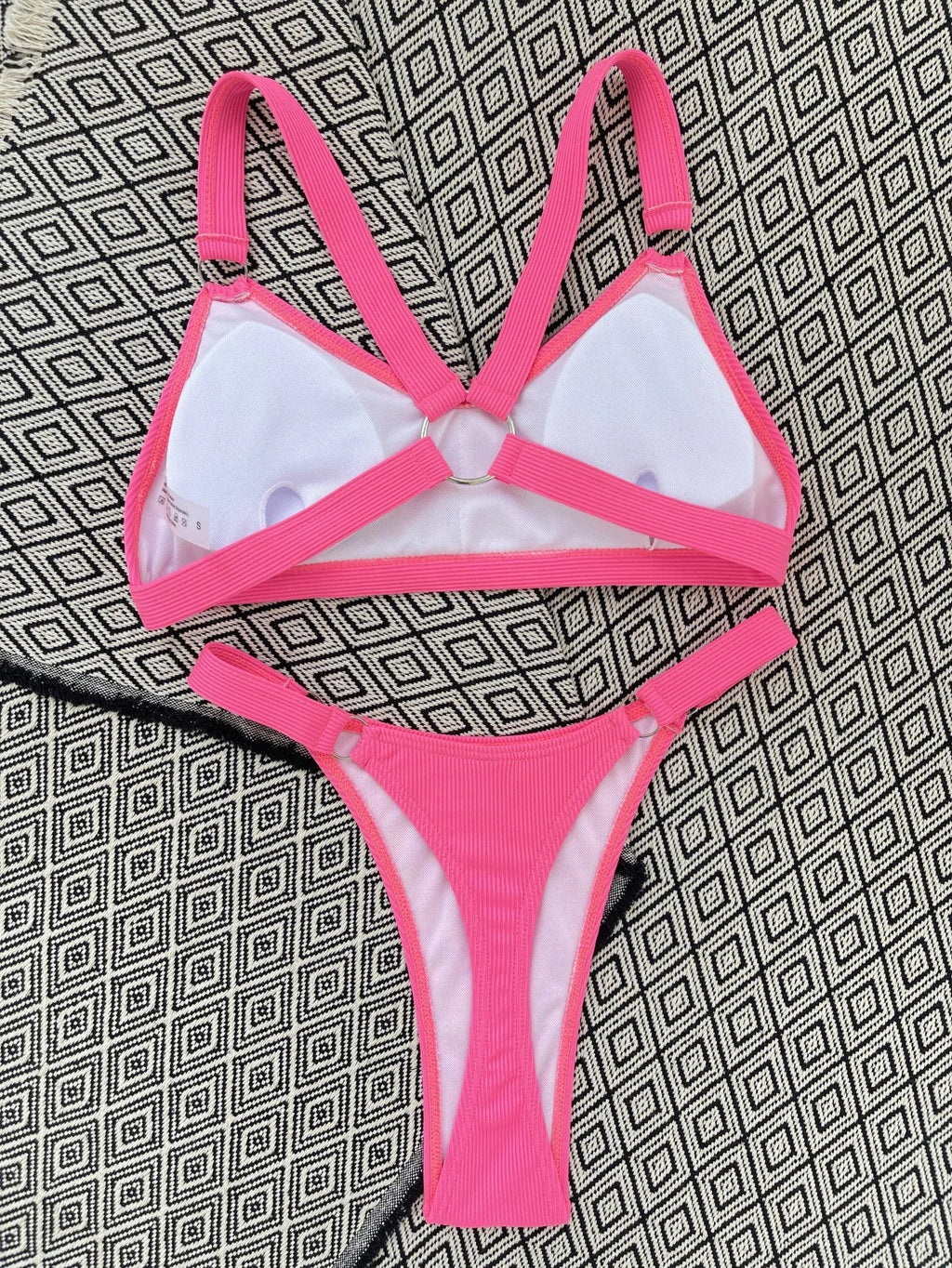Sexy Ring Linked Backless Bikini Set Women Solid Black White Hollow Out Push Up Micro Swimsuit 2024 Bathing Suit Thong Swimwear