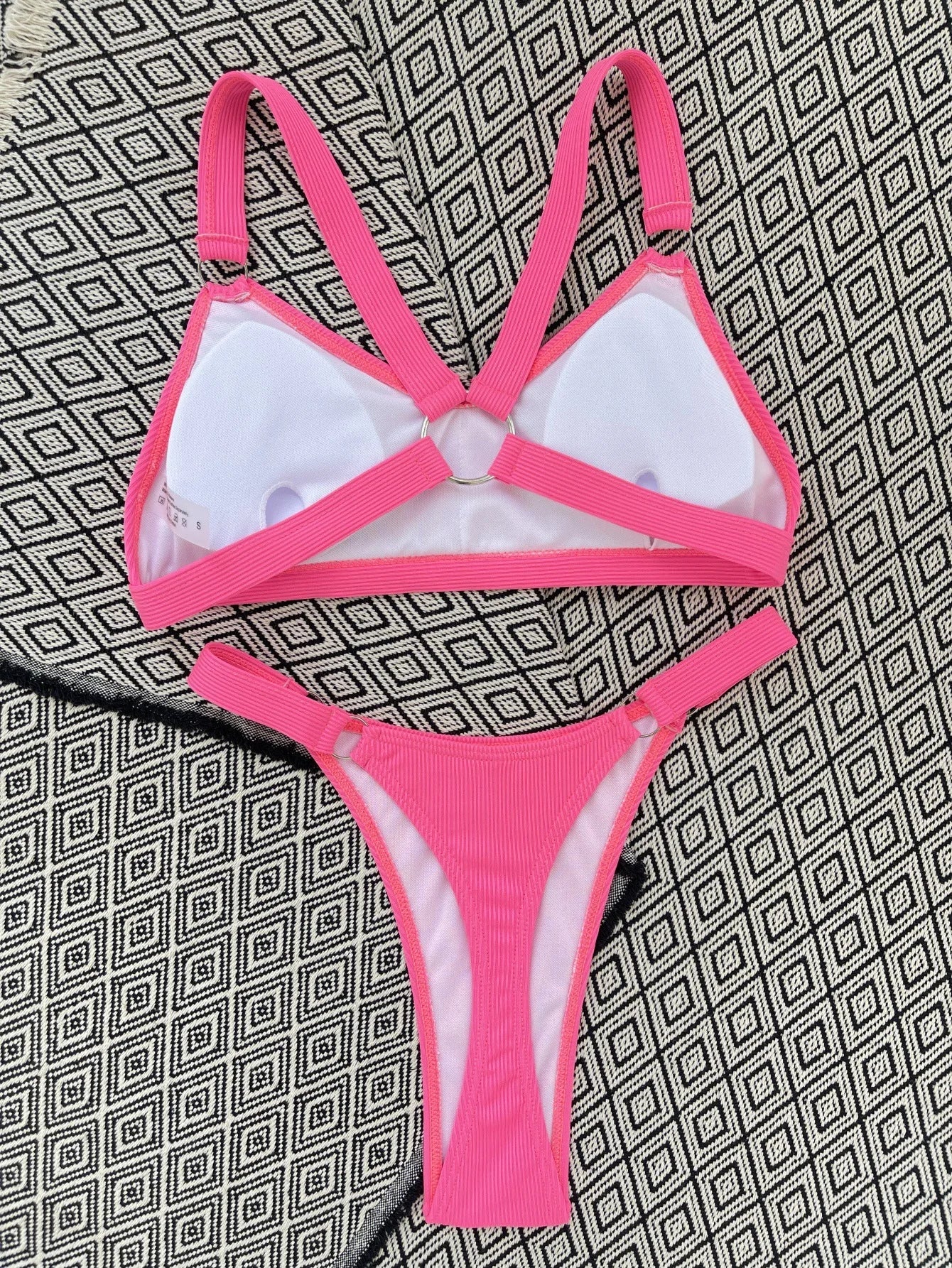 Sexy Ring Linked Backless Bikini Set Women Solid Black White Hollow Out Push Up Micro Swimsuit 2024 Bathing Suit Thong Swimwear