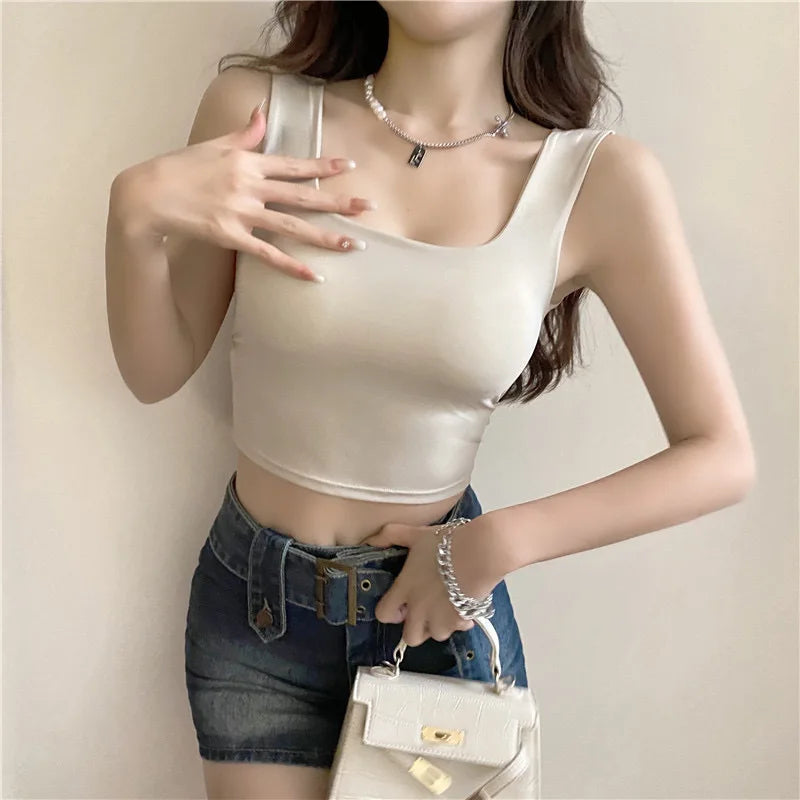 Summer Ice Silk Bras Top Square Neck Crop Top Solid Color Underwear Streetwear Bra Top for Women Sexy Lingerie