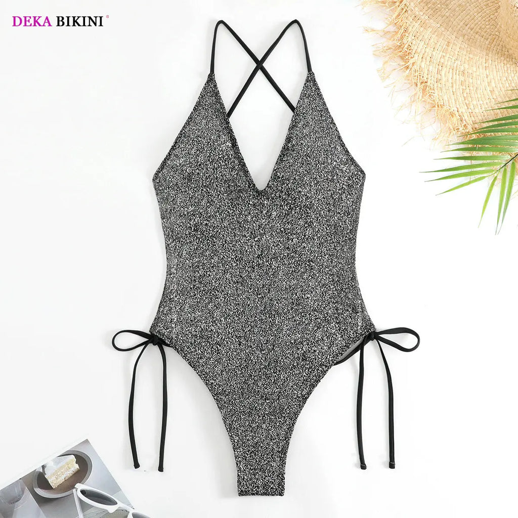 DEKA Sequins One Piece Swimwear Shiny Deep V Swimsuit Female Monokini Sexy Women's Push Up Glitter Swimsuit