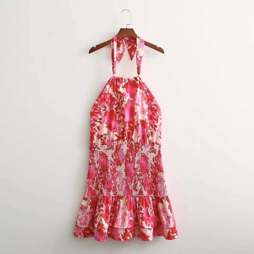Sexy Red Floral Print Backless Summer Women Boho Mini Dress Bodycon Sleeveless Beach Lace Up Bowknot Dropshipping Dress Sundress