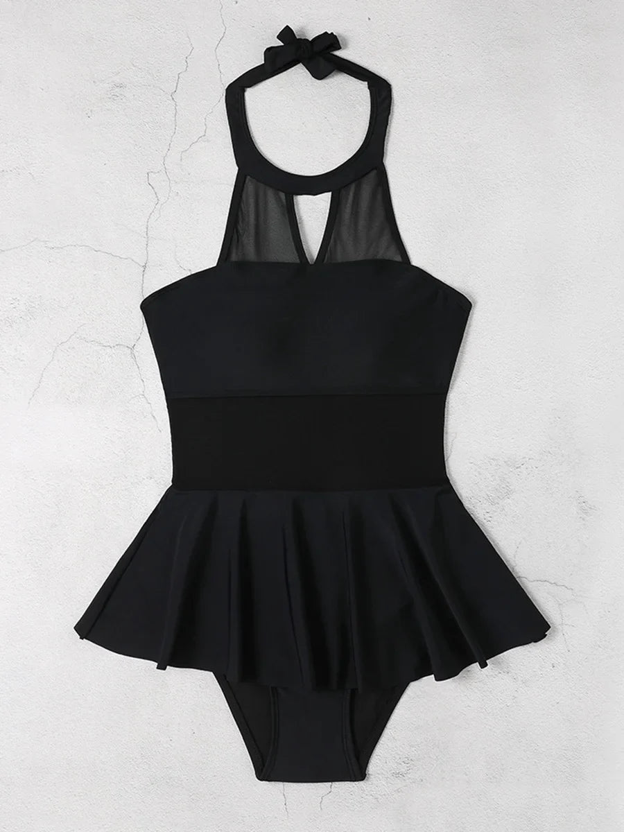 2026 Halter String Solid Swimsuit One Piece Sexy Black MeshSwimwear Women Bathing Suit Female Swimming Summer Beachwear Bodysuit
