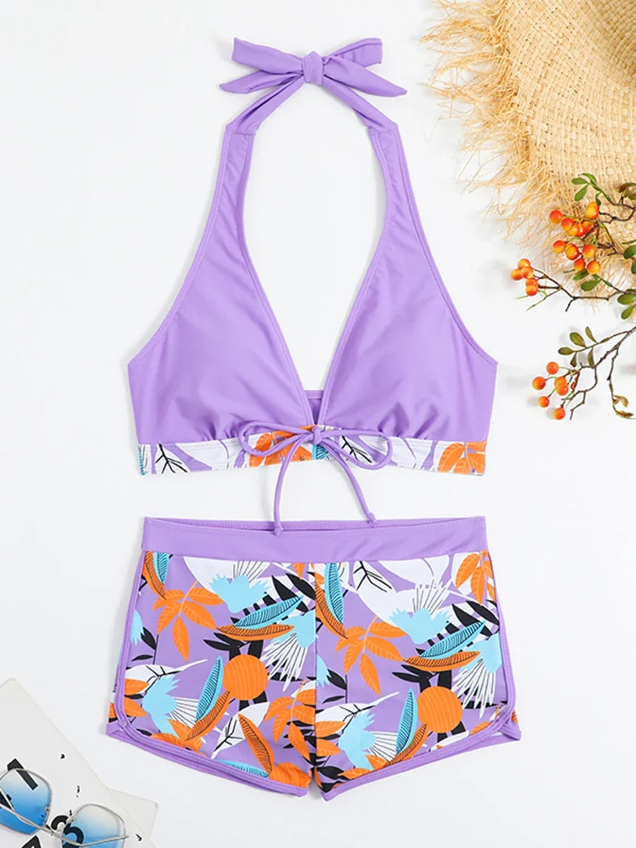 Halter Bikinis 2026 Women Printed Swimsuit Shorts High Waist Swimwear Female Bathers Swimming Bathing Suit Summer Beachwear