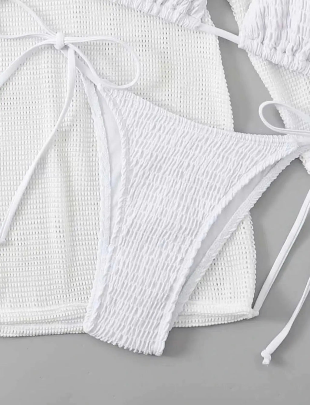 2026 Beach Skirt Swimsuit Women White Three-Piece Bikini Sexy Mesh Long Sleeve Hollow Out Bathing Suit Swimwear Summer Beachwear