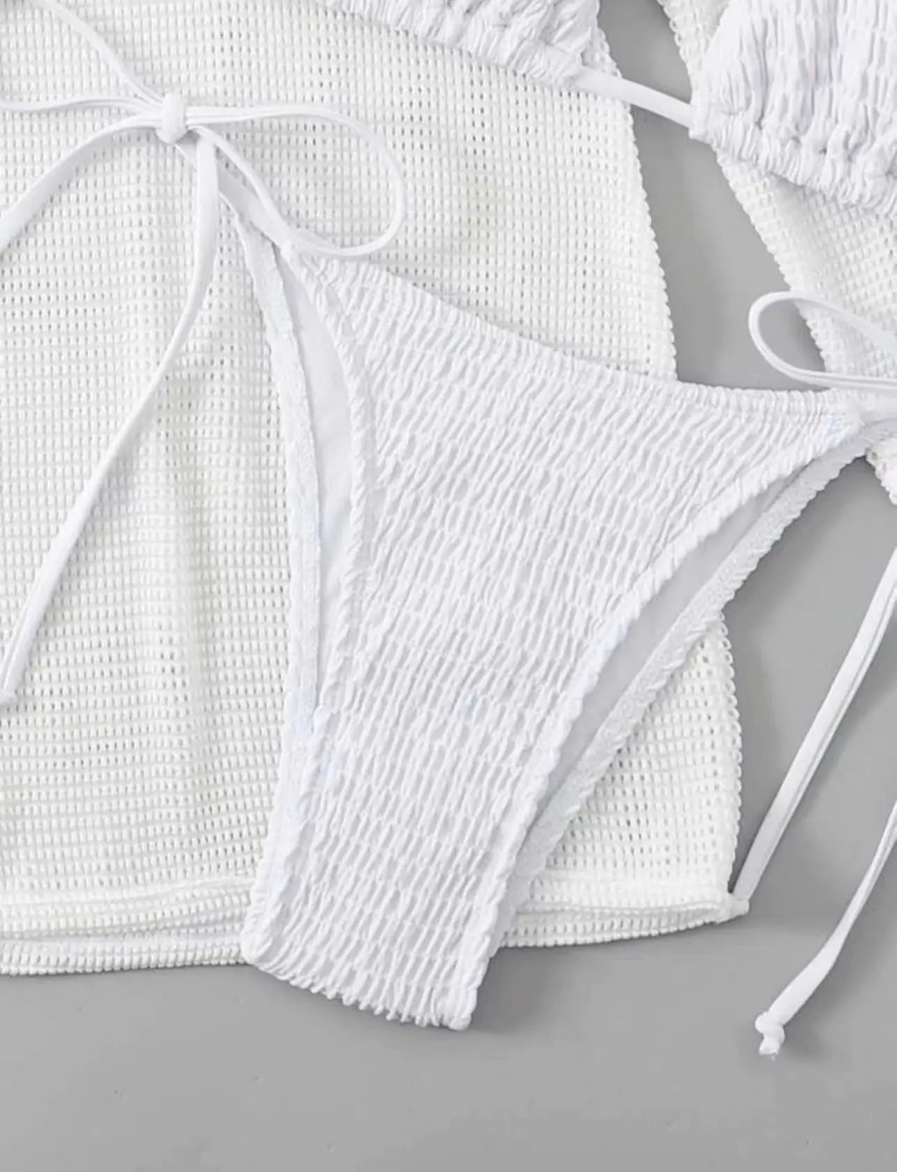 2026 Beach Skirt Swimsuit Women White Three-Piece Bikini Sexy Mesh Long Sleeve Hollow Out Bathing Suit Swimwear Summer Beachwear