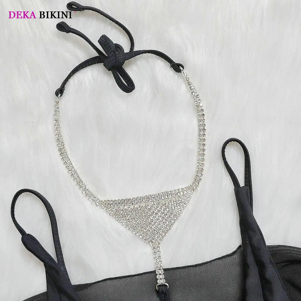 DEKA Diamond Bikini Set Crystal Necklace Halter Red Swimsuit Women Sequins Bathing Suit Stones Swimwear Glitter Push Up Monokini