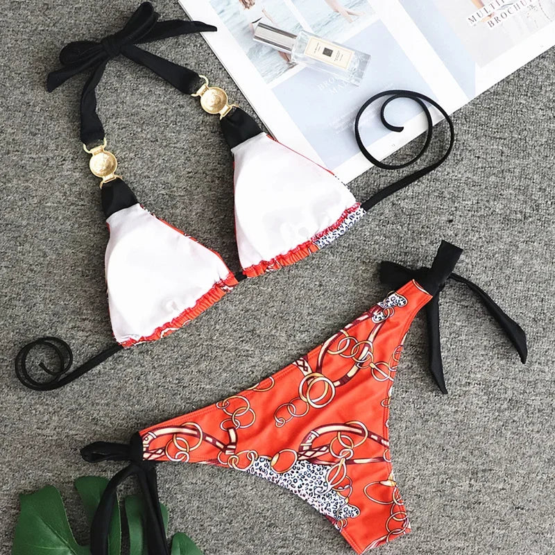 New Print Metal Halter Bikini 2025 Women Swimsuit Female Swimwear Two-pieces Bikini set Brazilian Bather Push Up Bathing Suit