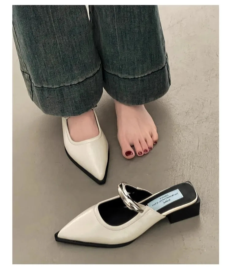 2026 New Summer Women Cover Toe Mules Slippers Fashion Metal Decoration Thick Heel Slide Shoes Comfort Street Style Footwear