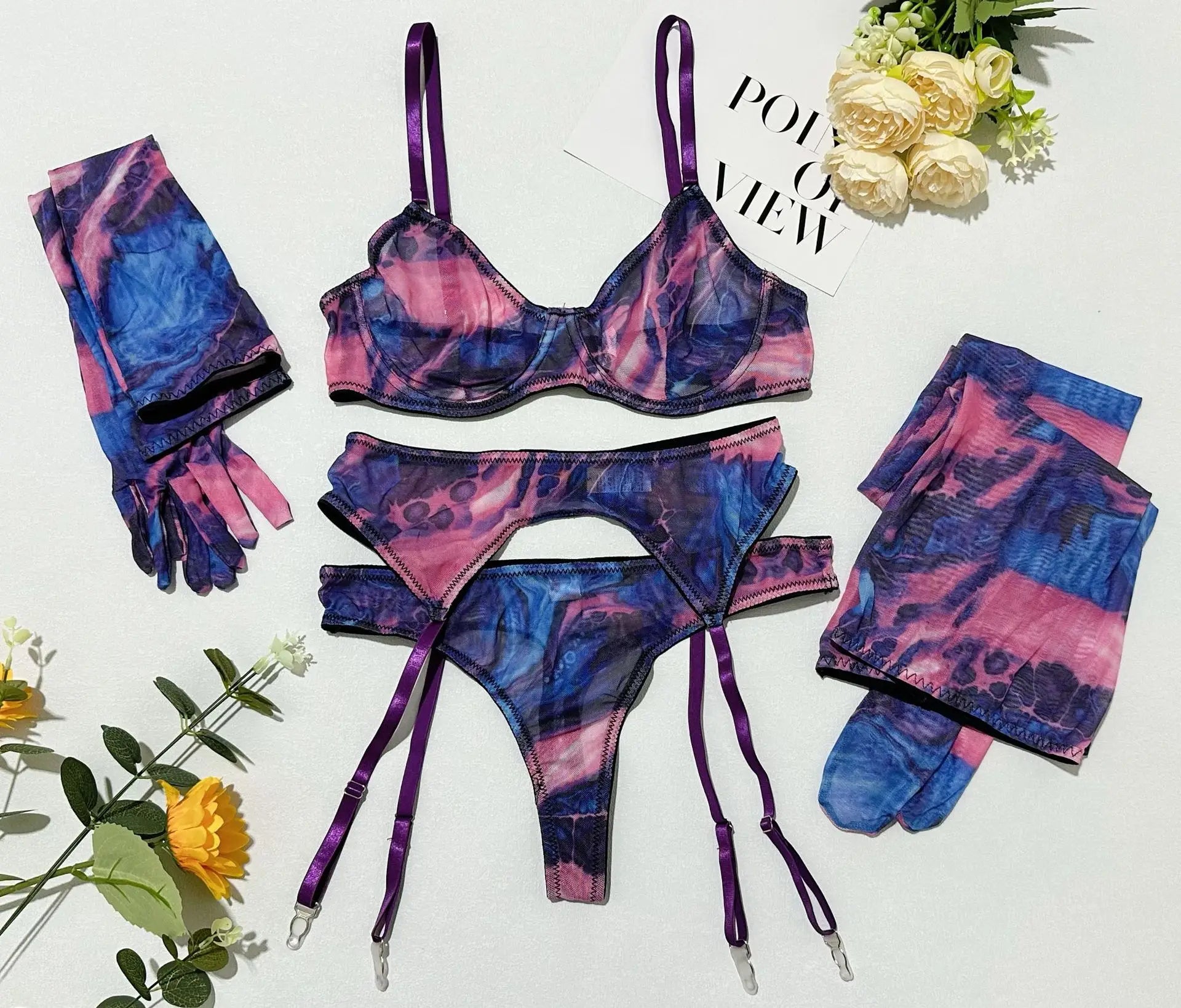 Toucheart Erotic Lingerie Leopard Print 5-piece Set with Gloves and Stockings Tie-dye Printed Sexy Hot Lingerie Suit for Women