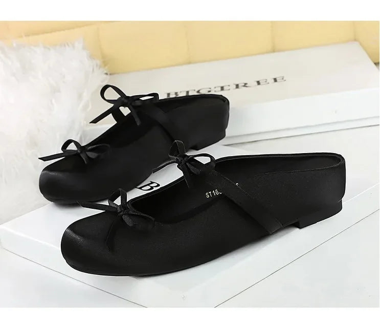 BIGTREE Satin Bow With One Strap With Shallow Mouth Half-Tugging Women's Hollow Inner Heightened Round-Head Sandals Comfortable