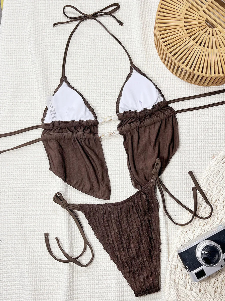 S - XL Wrinkled Tankini Halter Micro Bikini Women Swimwear Female Swimsuit Two-pieces Bikini Set High Cut Bathing Suit Swim Lady