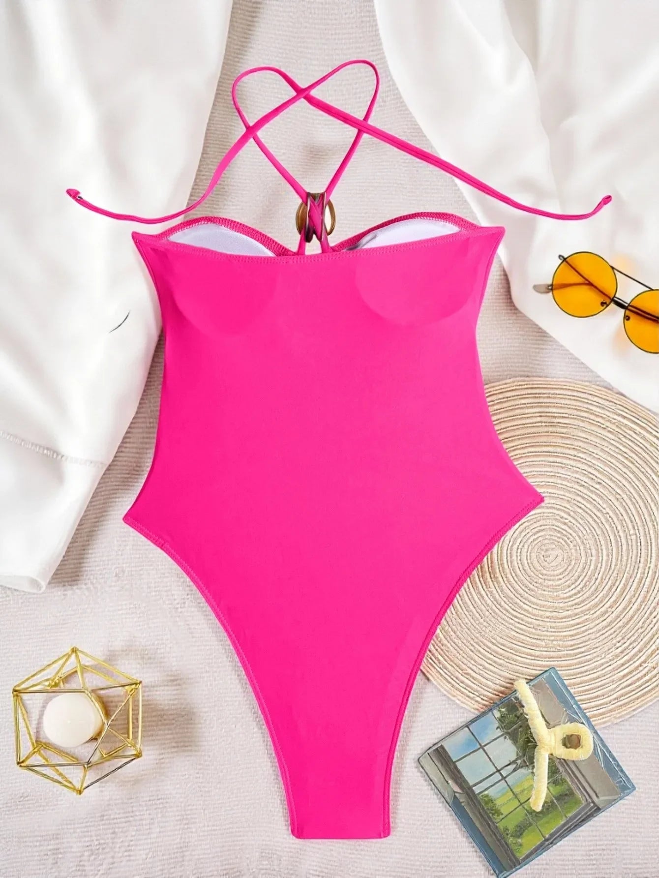 2026 Summer Women's One-piece Suit Swimwear Sexy Hollow Out Neck Lace-up Bodysuit Beachwear High Waist Push Up Bathing Suits