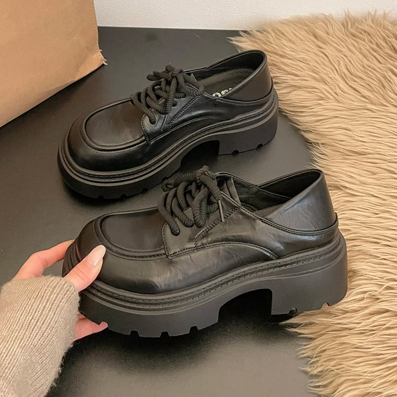Elegant Lace-Up Platform Loafers for Women 2026 British Style High Heels Oxford Shoes Woman Preppy Style Pu Leather Shoes Female