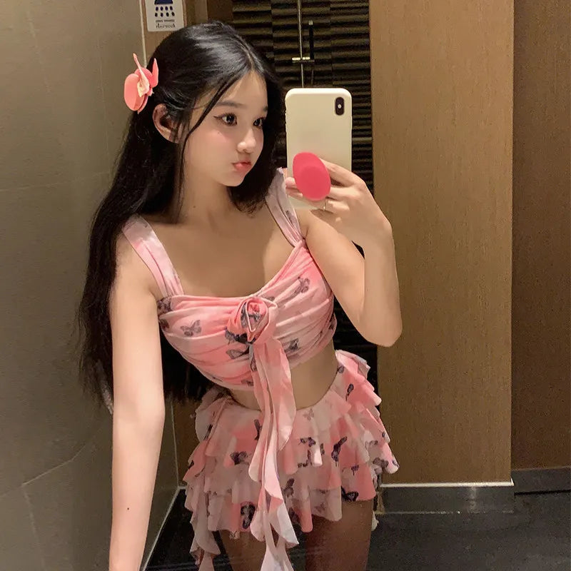 Swimsuit split skirt conservative small breast push up vacation swimsuit hot spring date romantic bikini