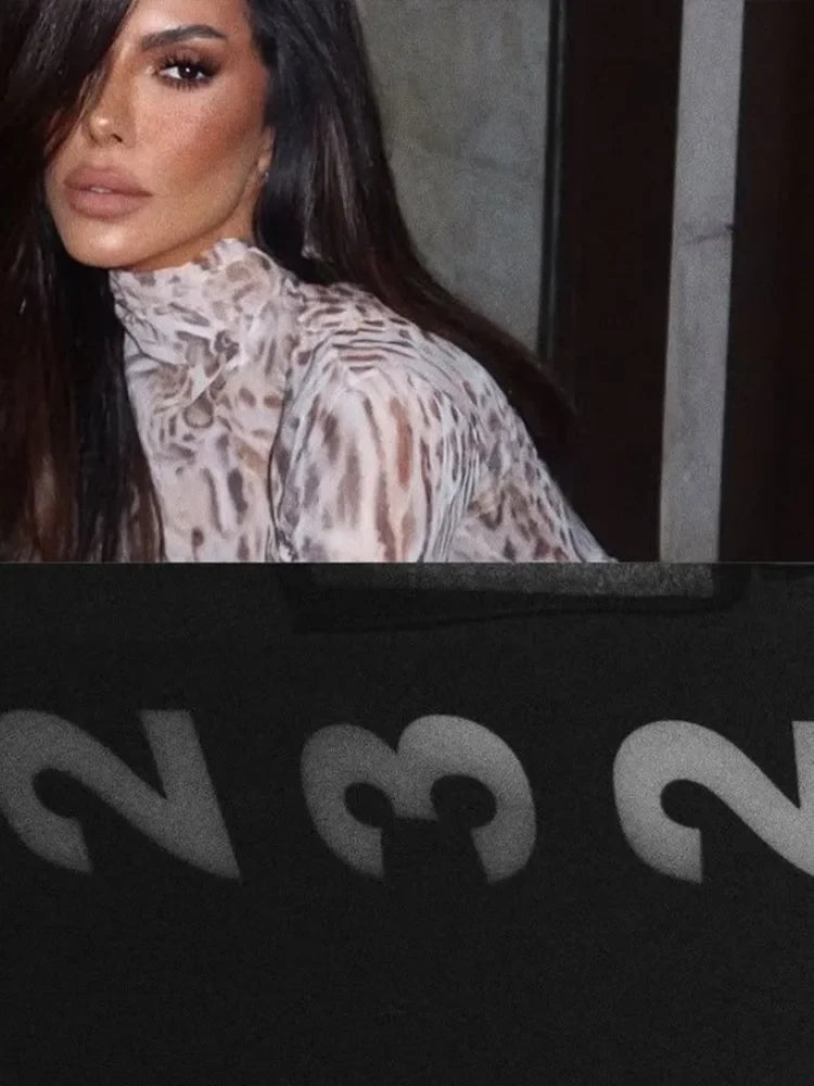 Ahagaga Sexy Sheer Women'Mini Dresses Turtleneck Print Regular Long Sleeves Ribbon Sheath Bodycon Casual Streetwear Female Robe