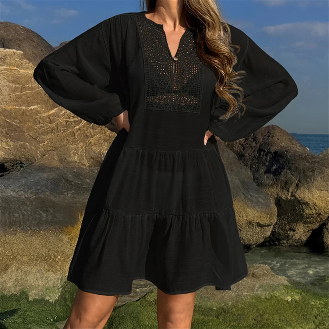 2025 Long Sleeve Hollow Out Crochet Knitted Tunic Beach Cover Up Cover-ups Beach Dress Beach Wear Beachwear Female Women K6674