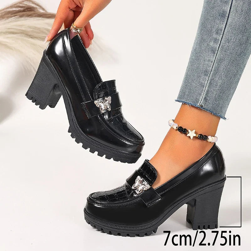 Crystal Butterfly High Heels Loafers Women Plus Size 42 Slip On Platform Pumps Woman Fashion Chunky Heel Pu Leather Shoes Ladies