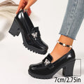 Crystal Butterfly High Heels Loafers Women Plus Size 42 Slip On Platform Pumps Woman Fashion Chunky Heel Pu Leather Shoes Ladies