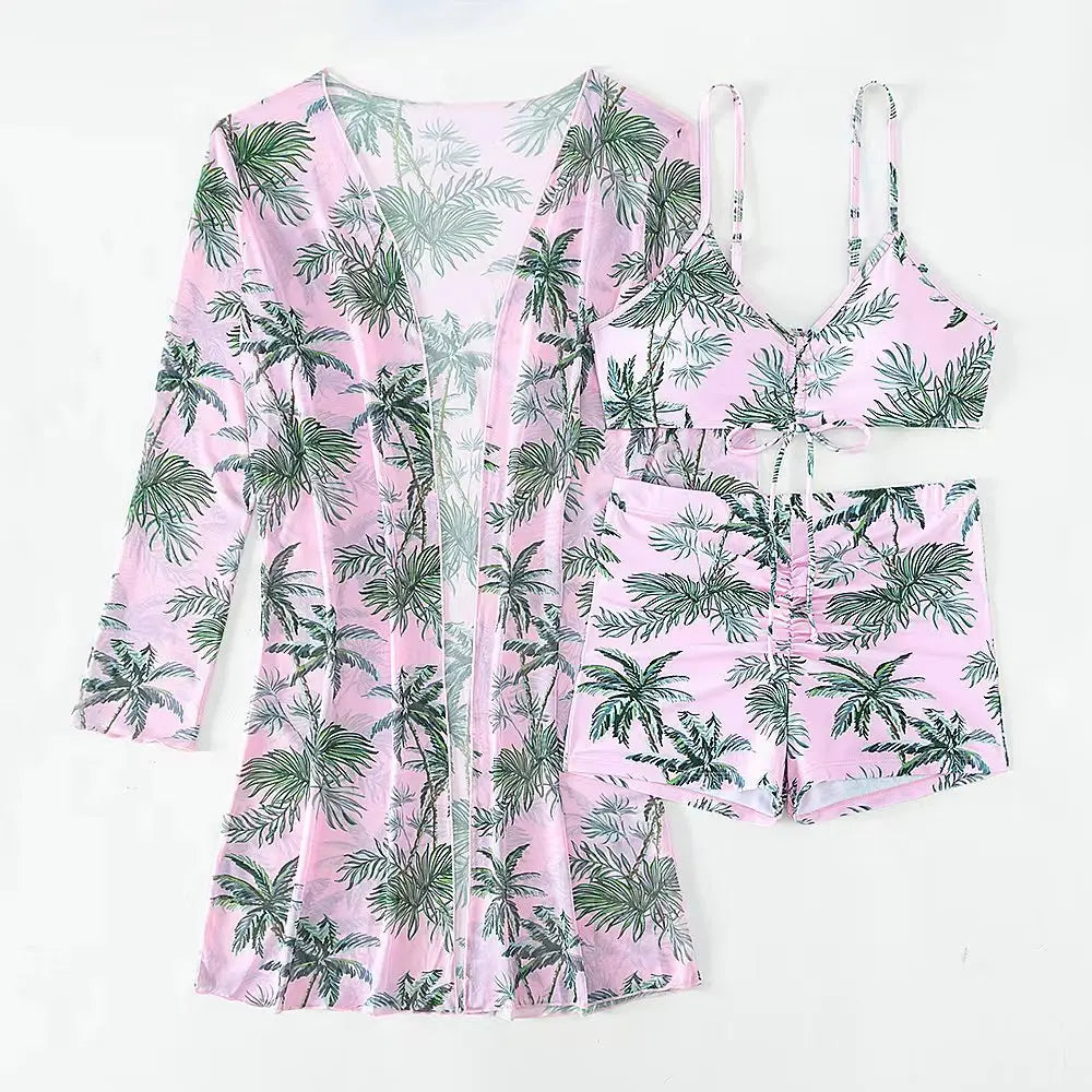New Sexy 3 Pieces Suit for Women Neck Hanging Bikini Set+Cover-up Swimwear Sunproof Tankini High Waist Shorts Swimsuit Beachwear