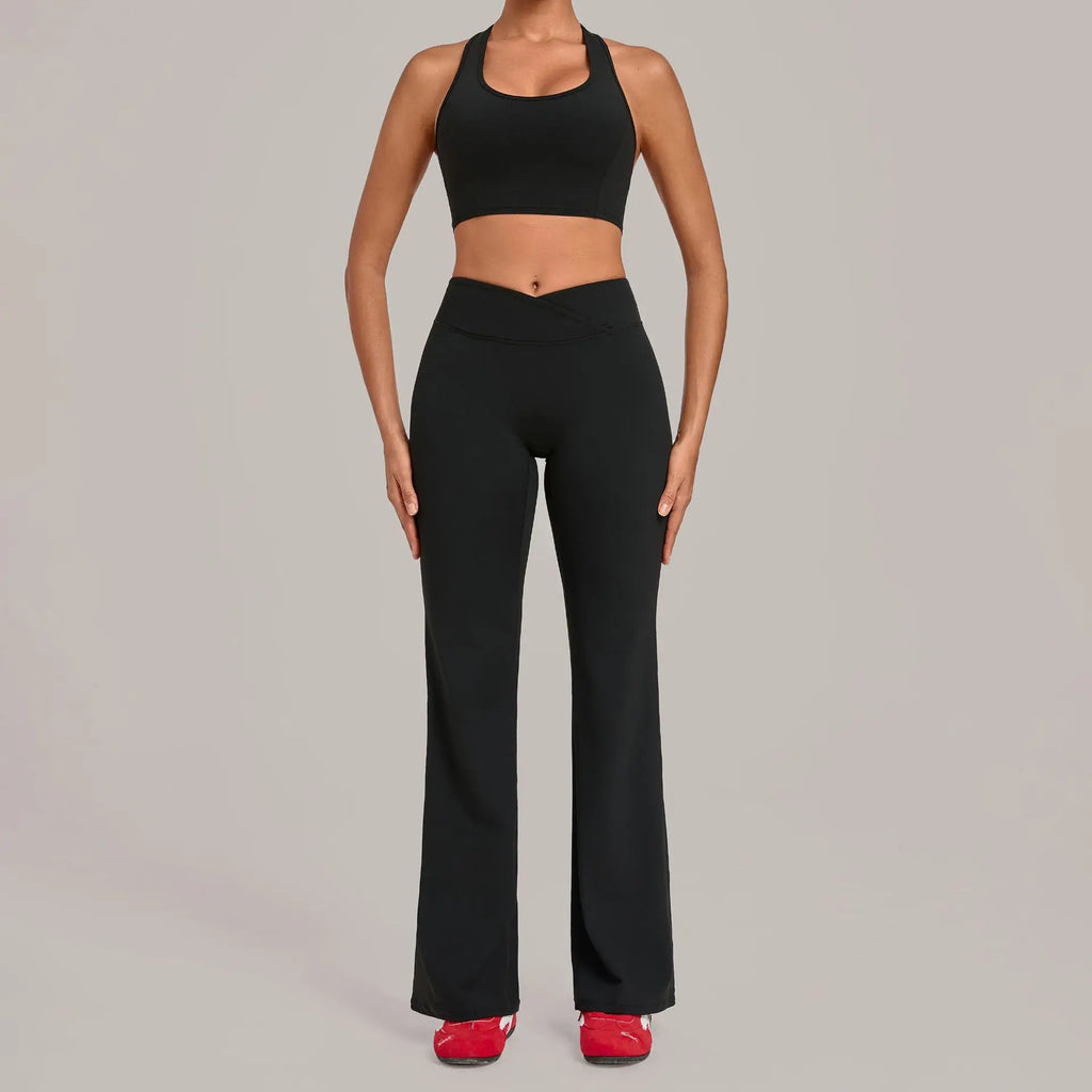 Breathable Stretch Yoga Sets Women Quick Drying Shockproof Sports Bra High Waist Bell Bottom Pants Gym Two-piece Fitness Suit
