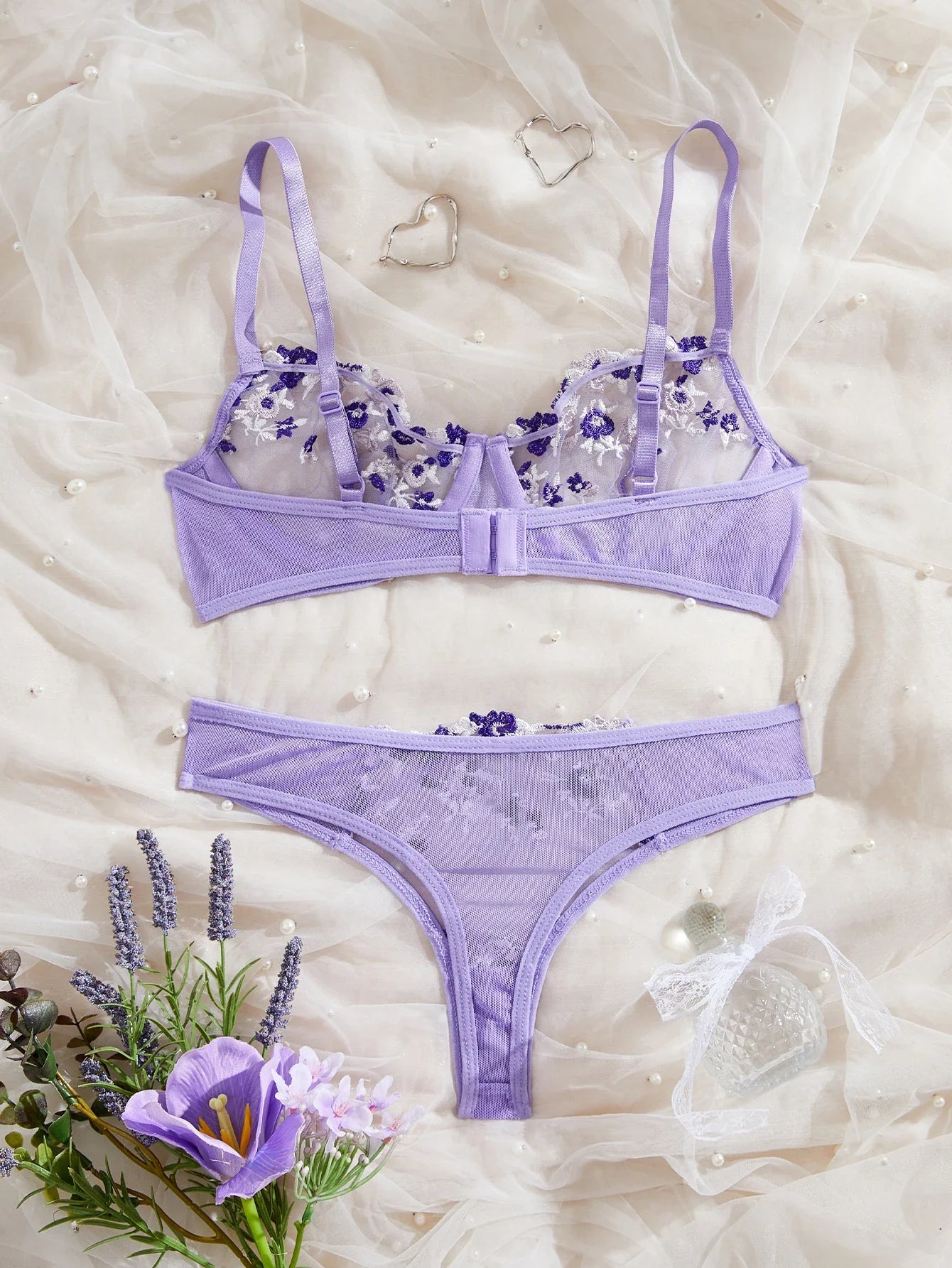 Womens Embroidered Bralette Lingerie And Panty Set Floral Design Soft Stretch Fabric Comfortable Everyday Underwear