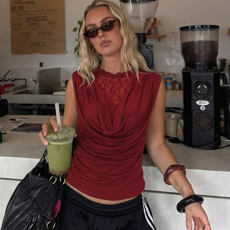 FDYOUI Elegant Lace Patchwork Tank Tops 2026 Summer See-through Sleeveless T-shirt Ladies Folds Slim Corset Crop Top High Street