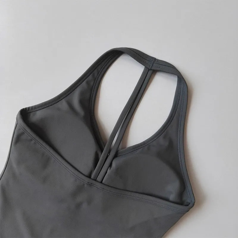 Women's Summer V-Neck Yoga Sports Vest Hanging Back Neck Design Outdoor Running Training Gathered Fit Active Wear Top