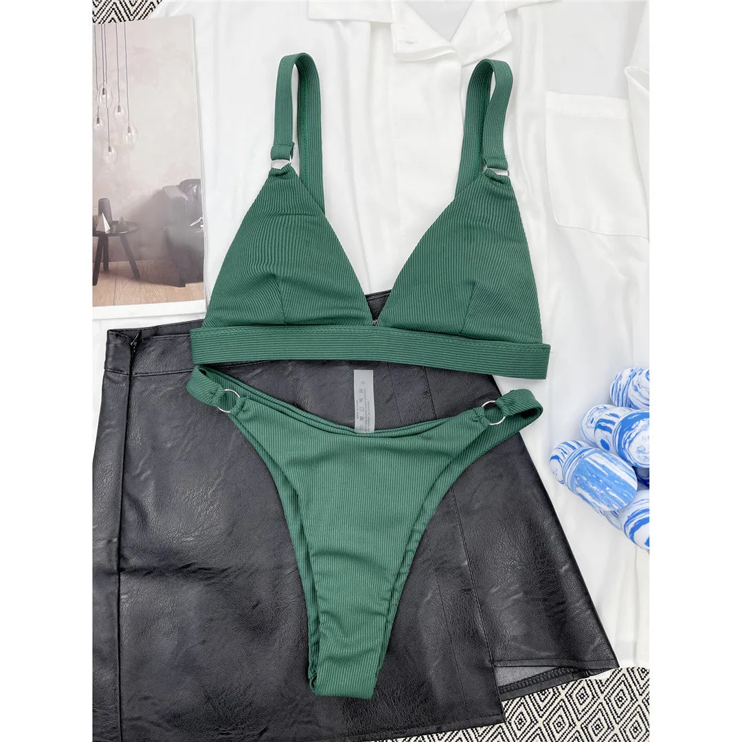 Sexy High Leg Cut Ribbed Bikini Women Swimwear Female Swimsuit Two-Pieces Bikini Set Padded Bather Bathing Suit Swim Lady V3255
