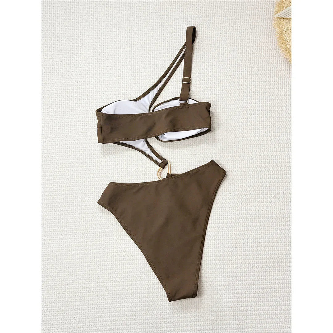 Asymmetric One Shoulder Cut Out One Piece Swimsuit Women Swimwear Female Metal Ring High Cut Leg Bather Bathing Suit Swim V8265