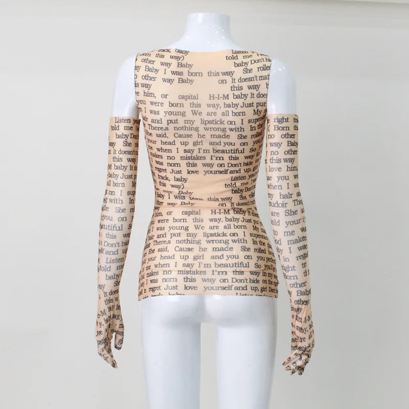 AHAgaga Sexy Tee T-shirt Women 2025 Summer Casual Letter Print Skinny See Through With Gloves Cropped Shirts Women Female Blusas