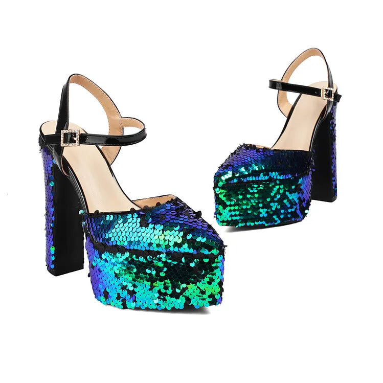 Women Platform Pointed Sandals 15.5CM/6Inch Summer Model Show Sequin Heels Europe and America Nightclub Party Large Size Shoes