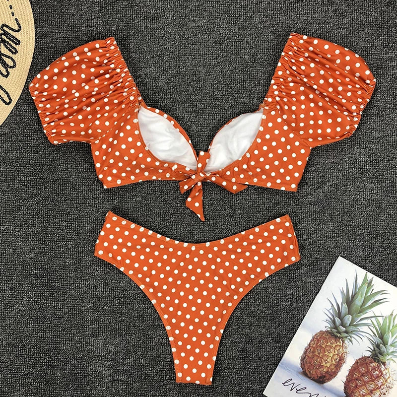 Sexy V Neck Short Sleeve Polka Dot Bikini Female Swimsuit Women Swimwear Two-pieces Bikini set Bather Bathing Suit Swim Lady