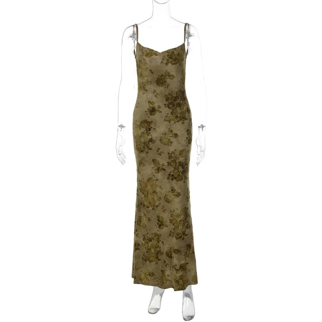 FDYOUI Sexy Elegant Chain Backless Green Floral Evening Dress for Women Sleeveless Bodycon Long Cocktail Dresses Party Club Gown