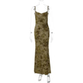 FDYOUI Sexy Elegant Chain Backless Green Floral Evening Dress for Women Sleeveless Bodycon Long Cocktail Dresses Party Club Gown