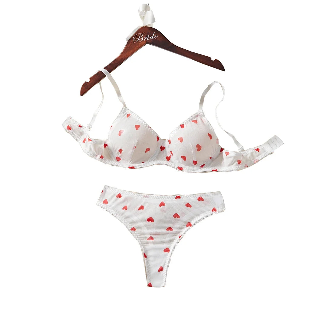 White Heart Print Lace Trim Underwear Set Women's Lingerie Bra And Panty Set For Valentine's Day