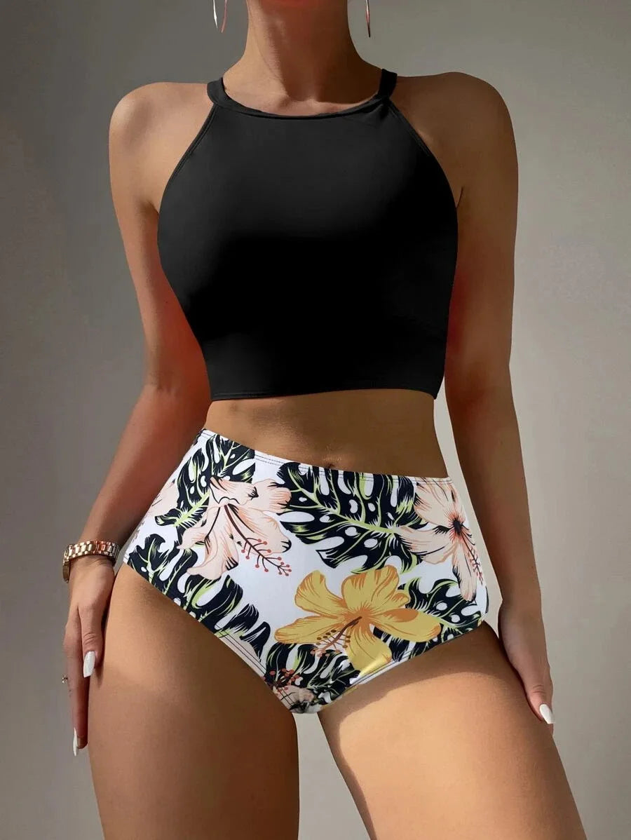 2026 High Waist Bikinis Women High Neck Swimsuit Floral Swimwear Female Bathers Bathing Swimming Suit Summer Beachwear