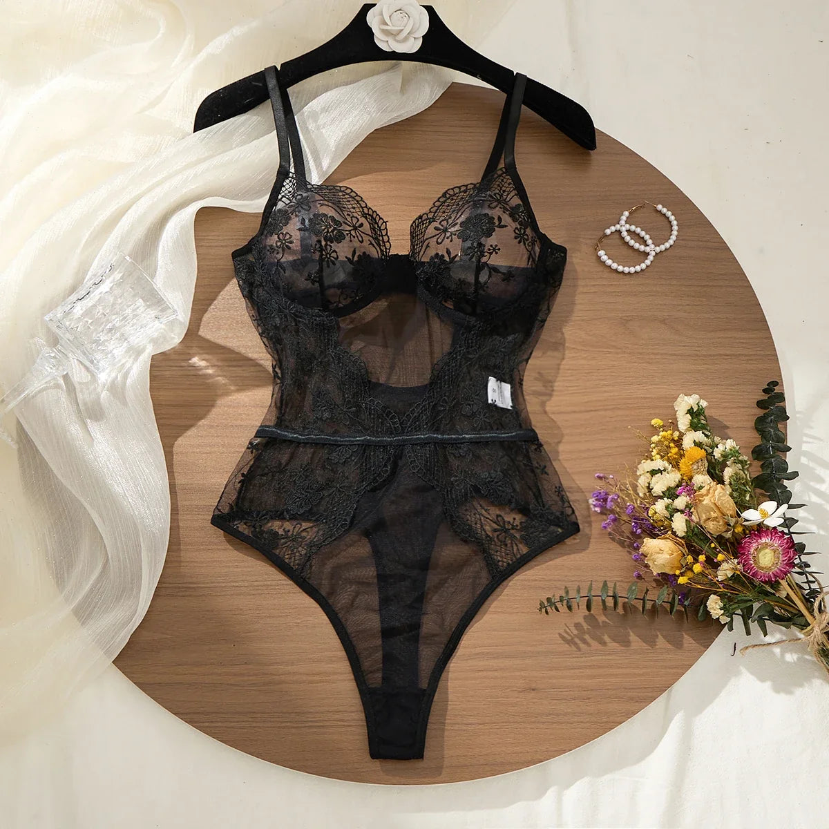 Black Lace Bodysuit with Floral Embroidery Sexy High-Waist Triangle Panties Strap Design Shapely Cutout to Highlight Women's Cur