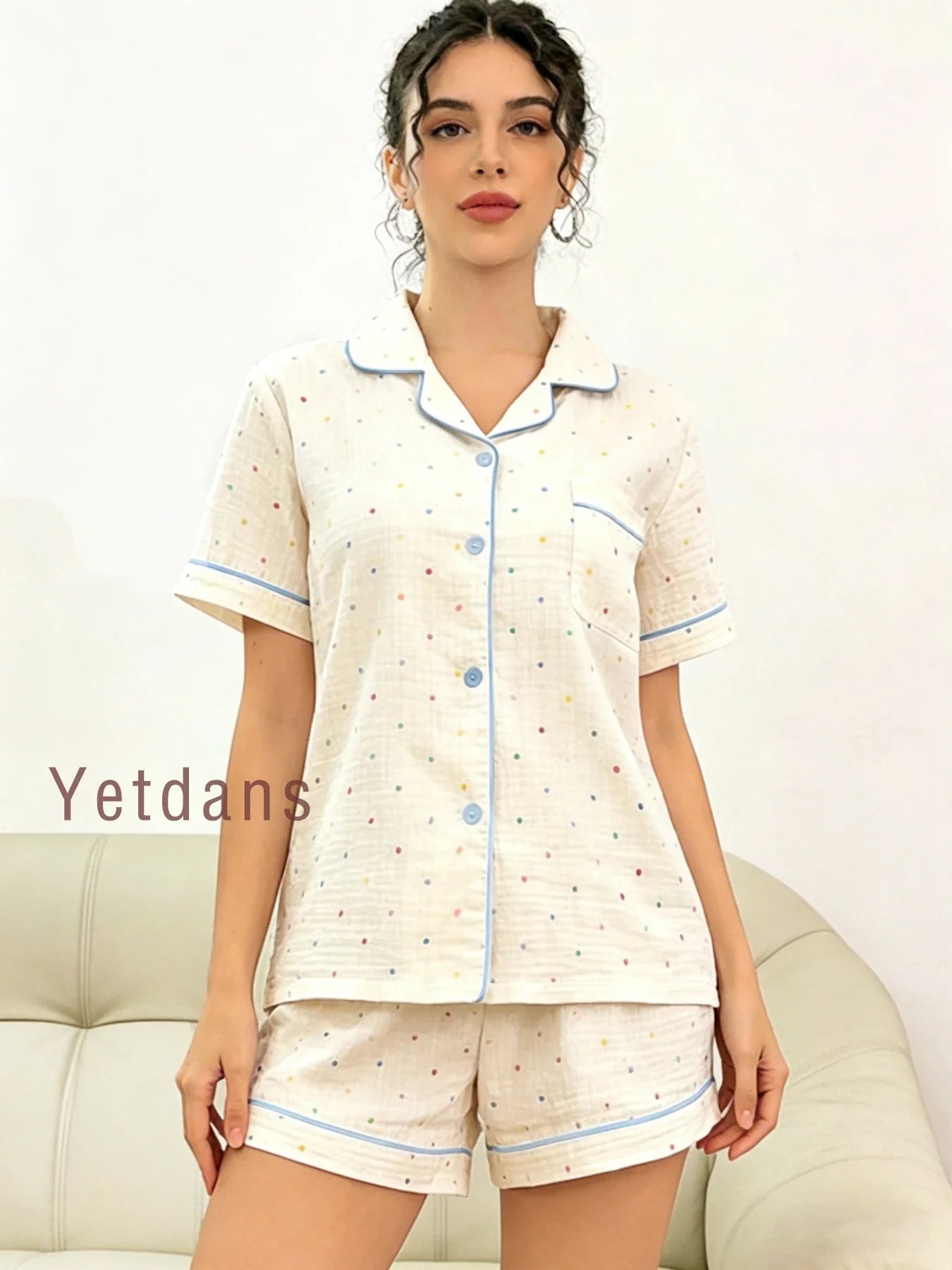 Women's Cotton Polka Dot Printed Pajama Set With Contrast Trim Button-Down Shirt & Shorts Homewear Summer Set Two Pieces Set Pj