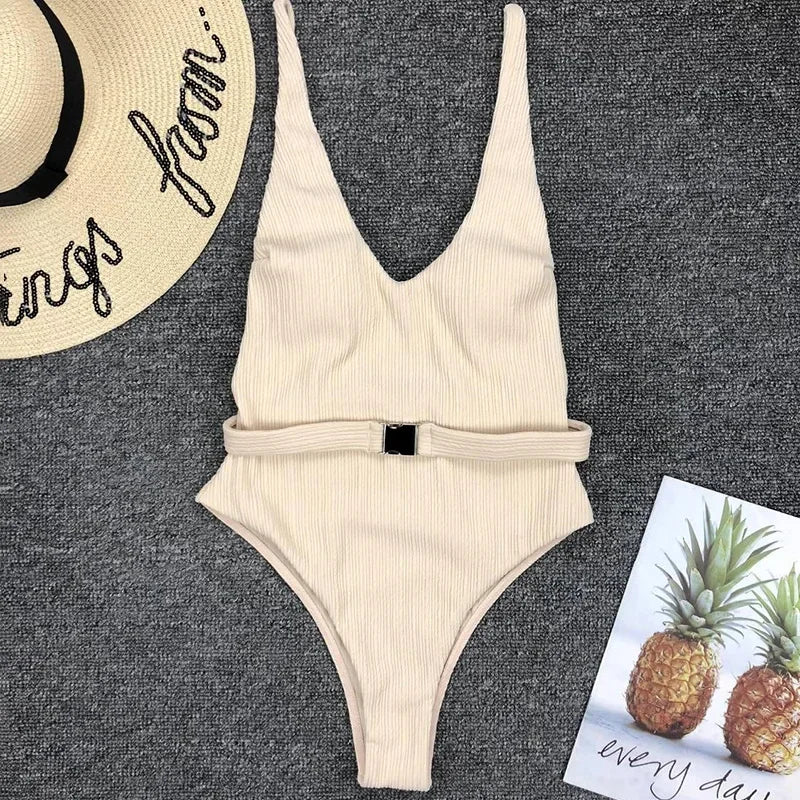 V Neck Ribbed High Leg Cut Women Swimwear One Piece Swimsuit Female Backless Monokini Bather Waist Belt Bathing Suit Swimwear