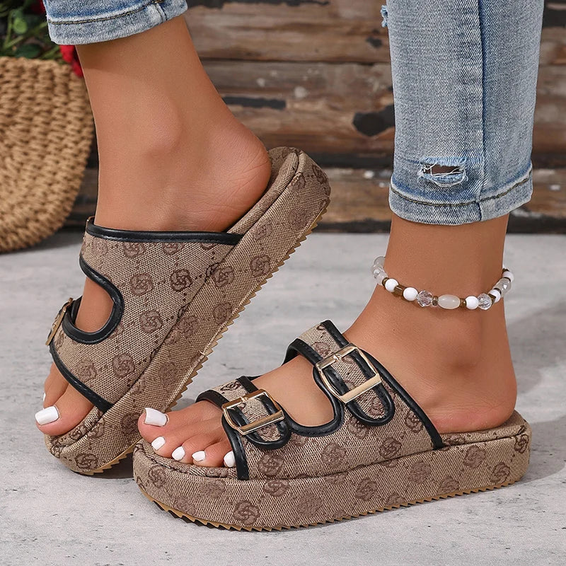 Flowers Embroidery Thick Bottom Sandals Women Fashion Designer Buckle Platform Slippers Woman Summer 2025 Non Slip Sandles Mujer